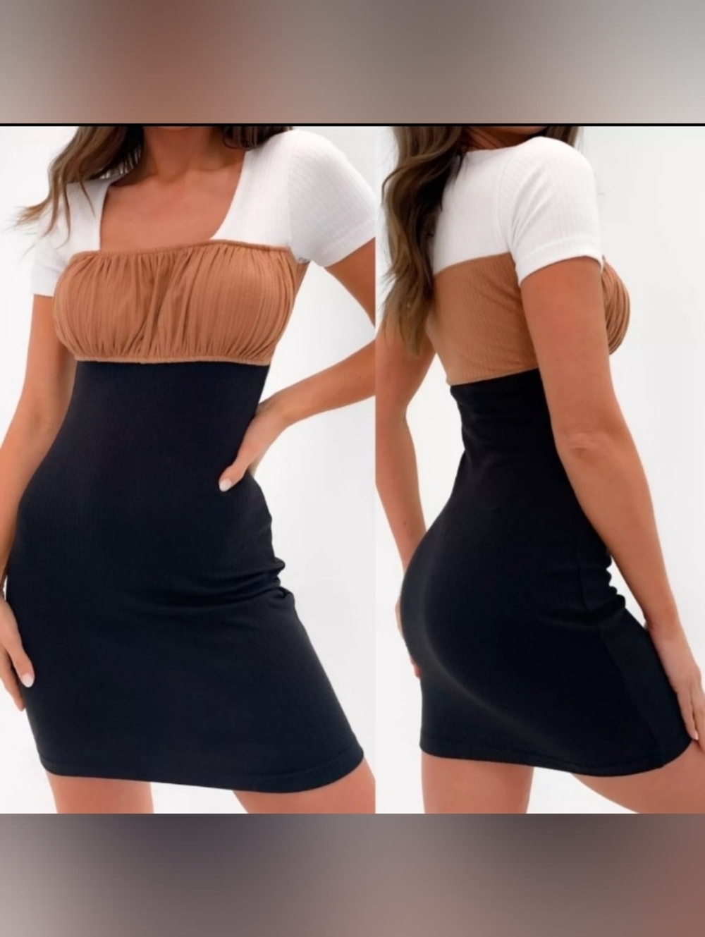 Retro Ribbed Colorblock Mini Dress in White, Tan & Black